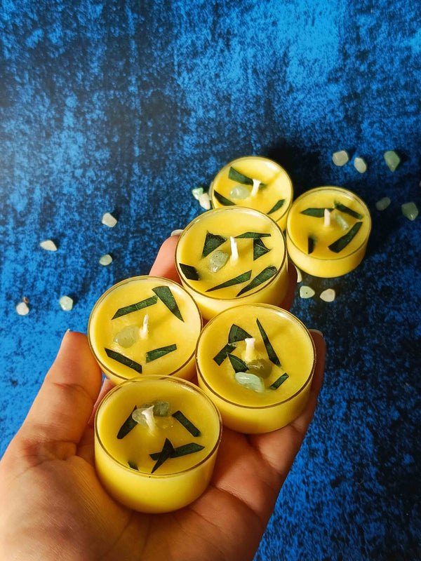 Tealight Candles Set Of 6 - Leaf & Crystal