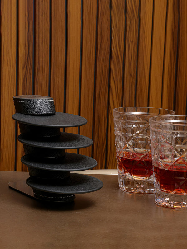 Leather Coasters With Stand - Black