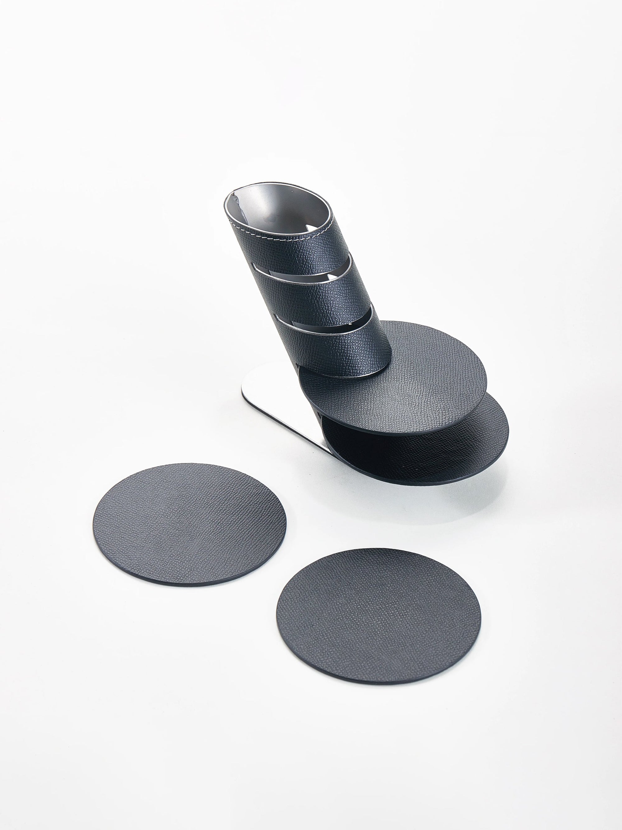 Leather Coasters With Stand - Black