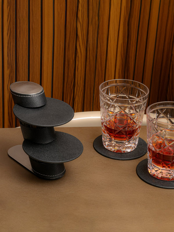 Leather Coasters With Stand - Black