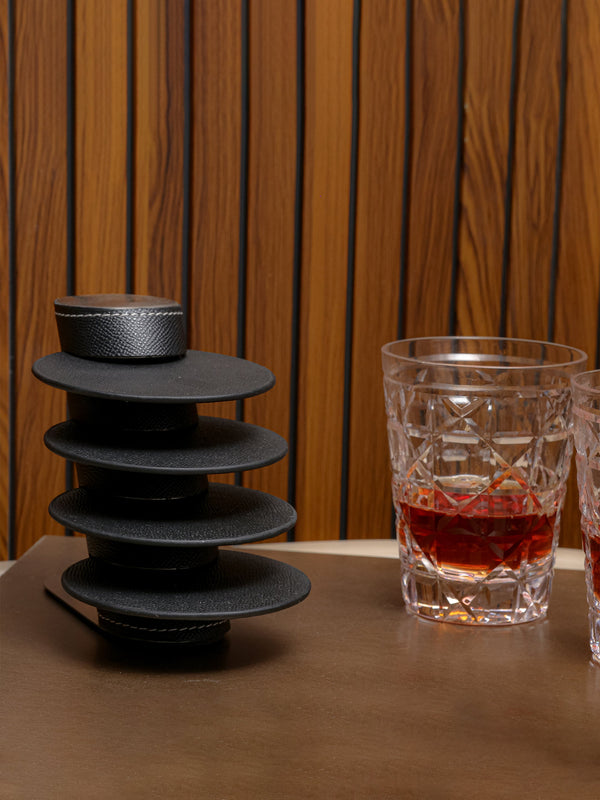 Leather Coasters With Stand - Black