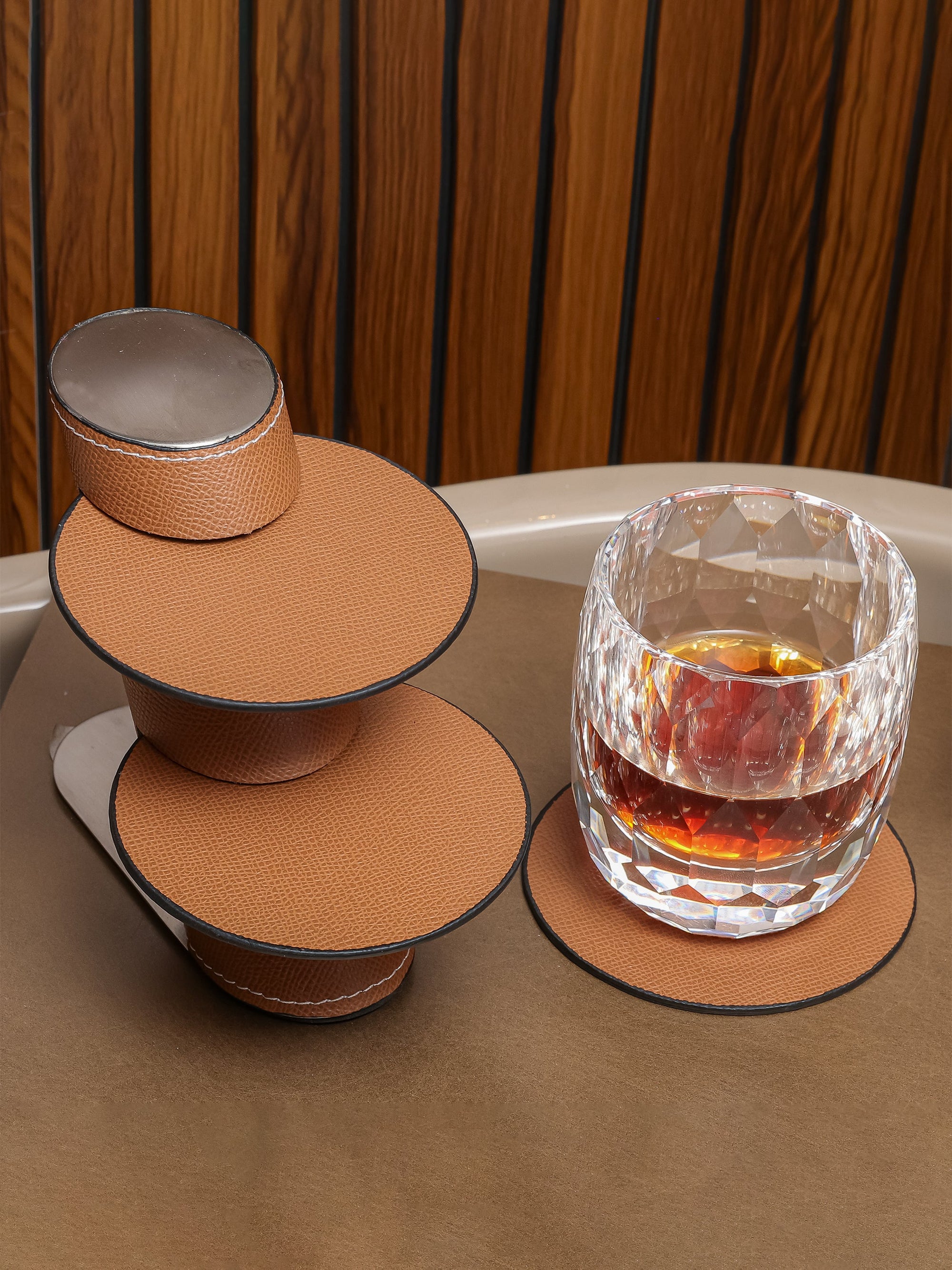 Leather Coasters With Stand - Brown