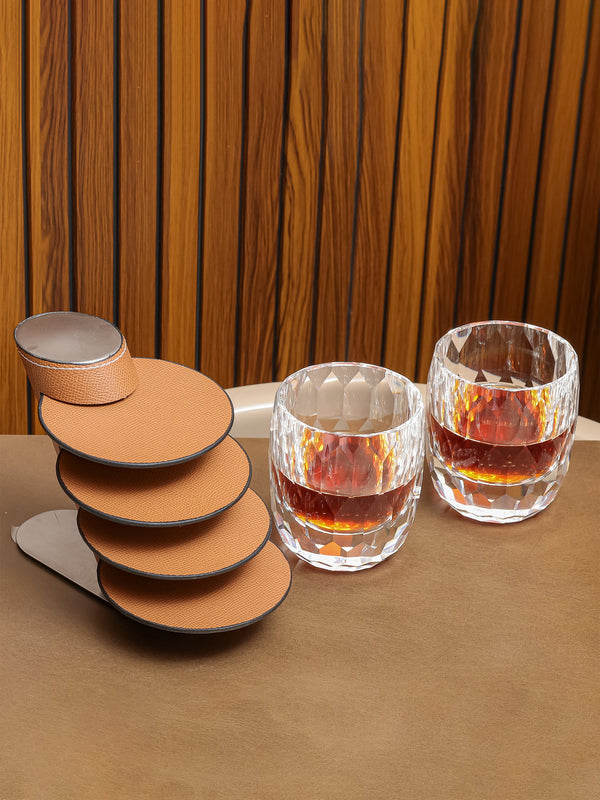 Leather Coasters With Stand - Brown