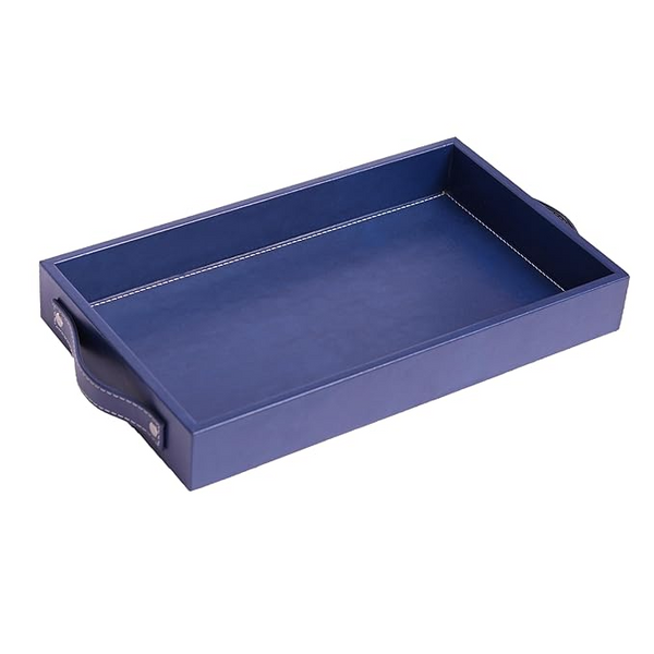 Vegan Leather Rectangular Serving Tray with Handles Blue
