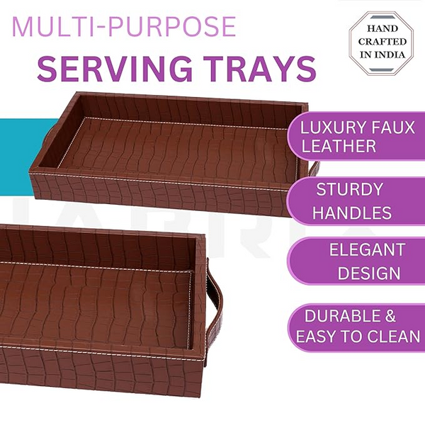 Vegan Leather Rectangular Serving Tray with Handles_Walnut Brown