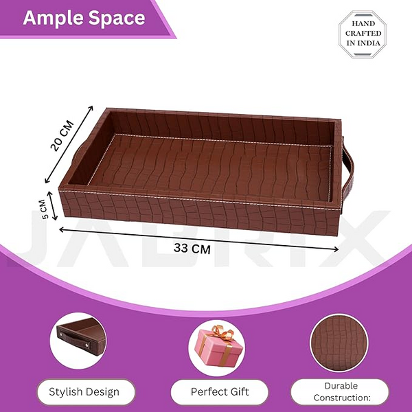 Vegan Leather Rectangular Serving Tray with Handles_Walnut Brown