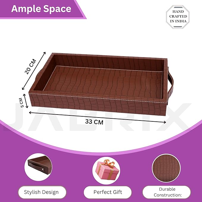 Vegan Leather Rectangular Serving Tray with Handles_Walnut Brown