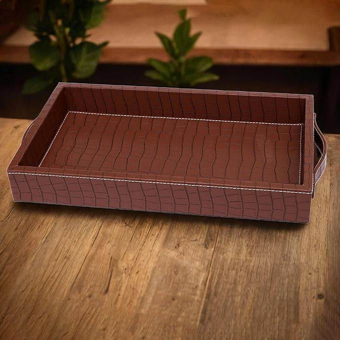 Vegan Leather Rectangular Serving Tray with Handles_Walnut Brown