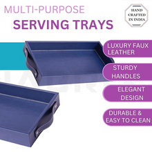 Vegan Leather Rectangular Serving Tray with Handles Blue