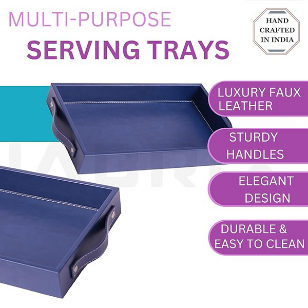 Vegan Leather Rectangular Serving Tray with Handles Blue