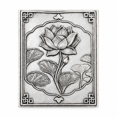 Lotus matchbox cover in pure silver plating with a lotus inside a jharokha arch, front view