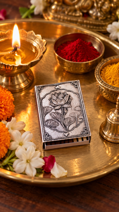 Lotus matchbox cover holding a matchbox on a brass pooja thali beside a lit diya, kumkum and haldi