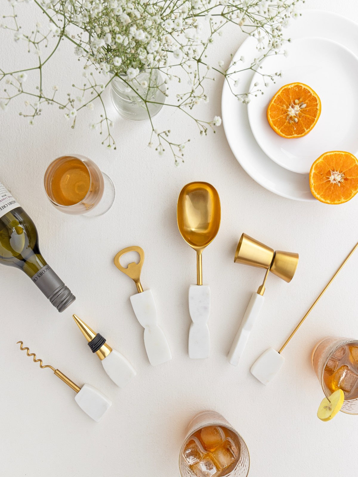 Metal Bar Set with Marble Handles – Set of 6 | Includes Bottle Stopper Bottle Opener Jigger Wine Opener Swizzle Sticks & Ice Scoop | Elegant Bartender Kit for Home & Professional Use