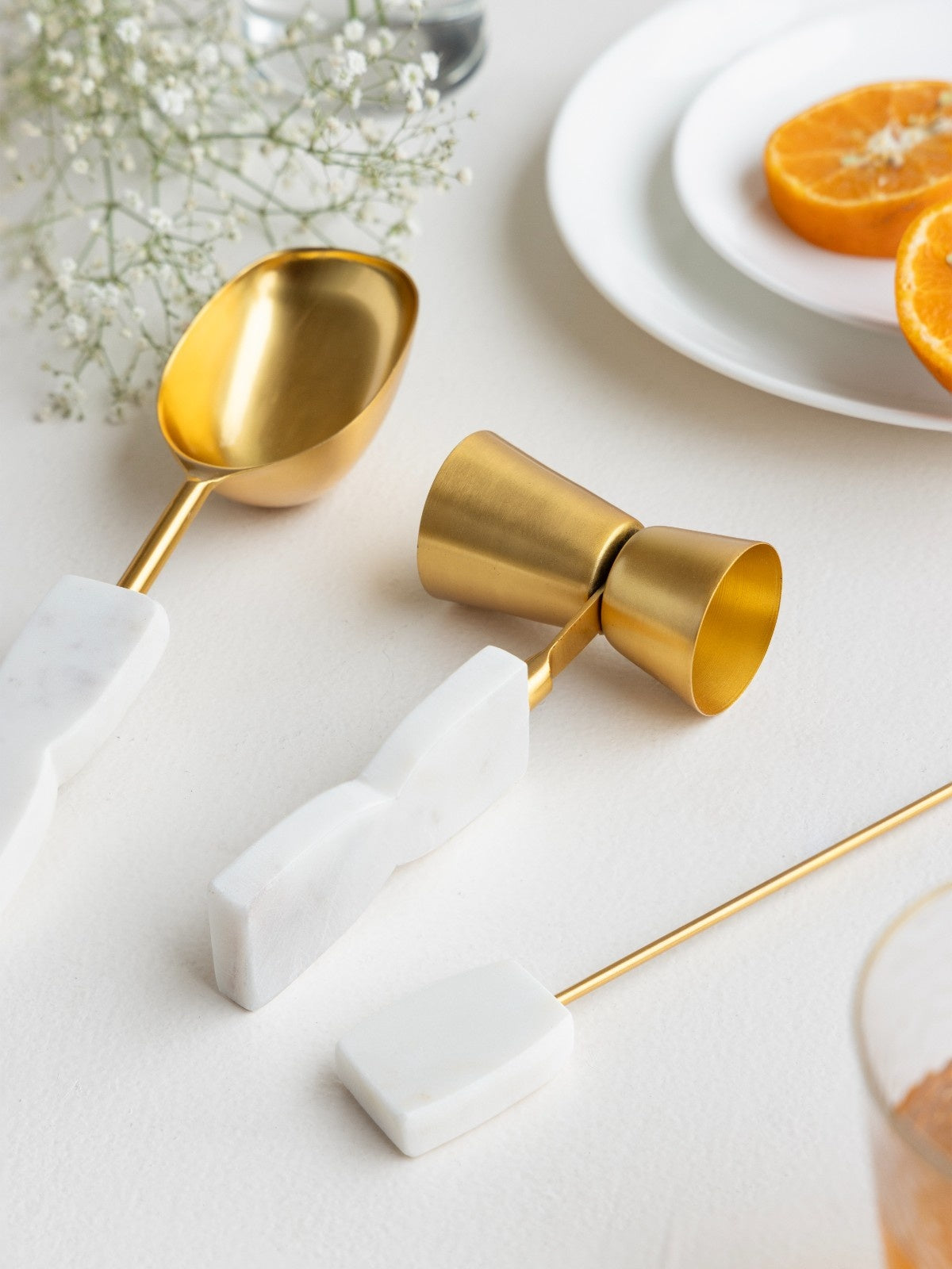 Metal Bar Set with Marble Handles – Set of 6 | Includes Bottle Stopper Bottle Opener Jigger Wine Opener Swizzle Sticks & Ice Scoop | Elegant Bartender Kit for Home & Professional Use