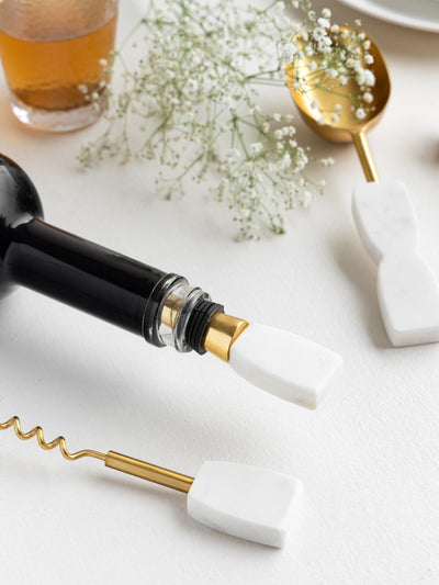 Metal Bar Set with Marble Handles – Set of 6 | Includes Bottle Stopper Bottle Opener Jigger Wine Opener Swizzle Sticks & Ice Scoop | Elegant Bartender Kit for Home & Professional Use