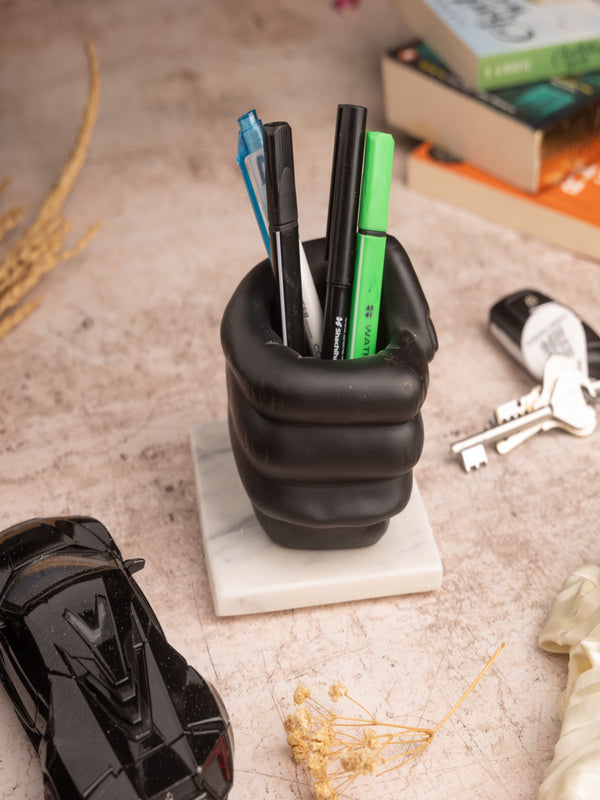 Fist Design Pen Stand with Marble Base – Stylish Desk Organizer for Office & Home Décor – Unique Stationery Holder
