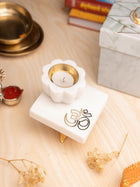 Marble OM Chowki with Marble Brass Diya – Handcrafted Marble Pooja Chowki for Home Temple & Spiritual Décor