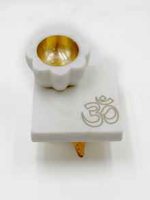 Marble OM Chowki with Marble Brass Diya – Handcrafted Marble Pooja Chowki for Home Temple & Spiritual Décor