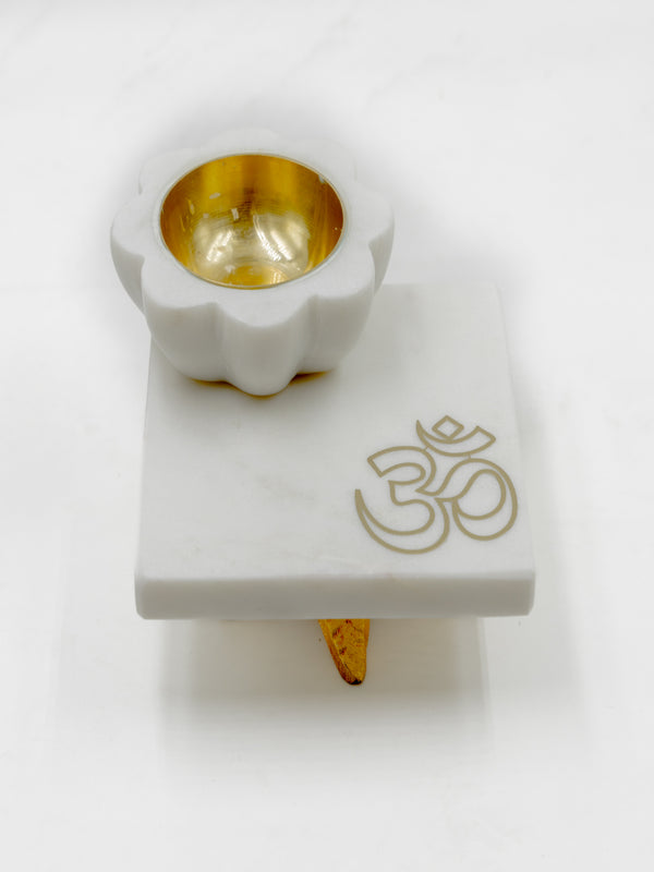 Marble OM Chowki with Marble Brass Diya – Handcrafted Marble Pooja Chowki for Home Temple & Spiritual Décor