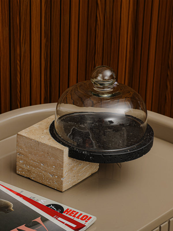 Marble-Cake And Dessert Stand With Lid - Beige & Black