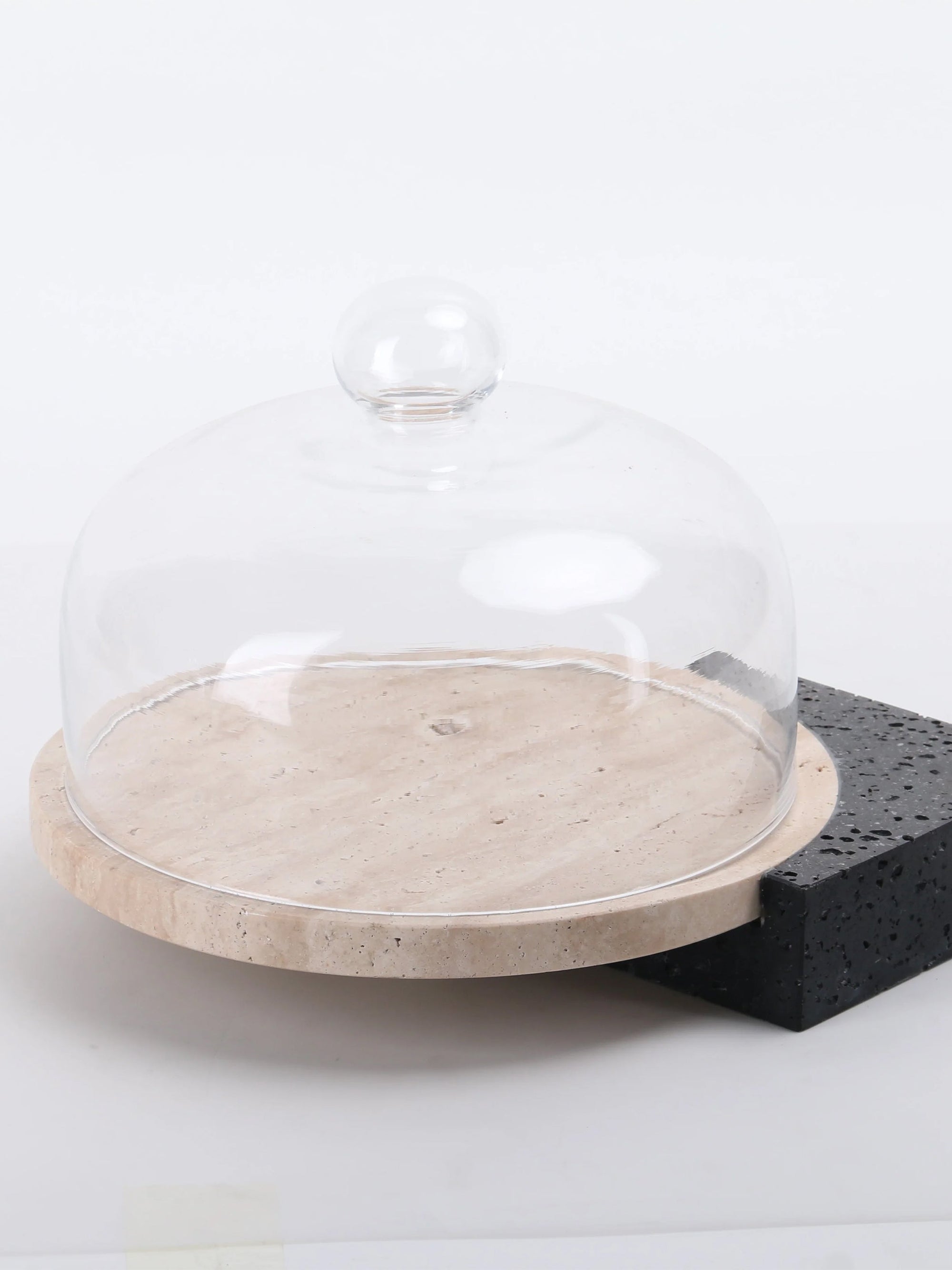 Marble-Cake And Dessert Stand With Lid - Black & Beige Large