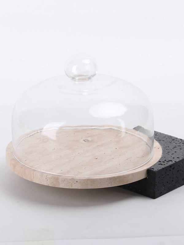 Marble-Cake And Dessert Stand With Lid - Black & Beige Large