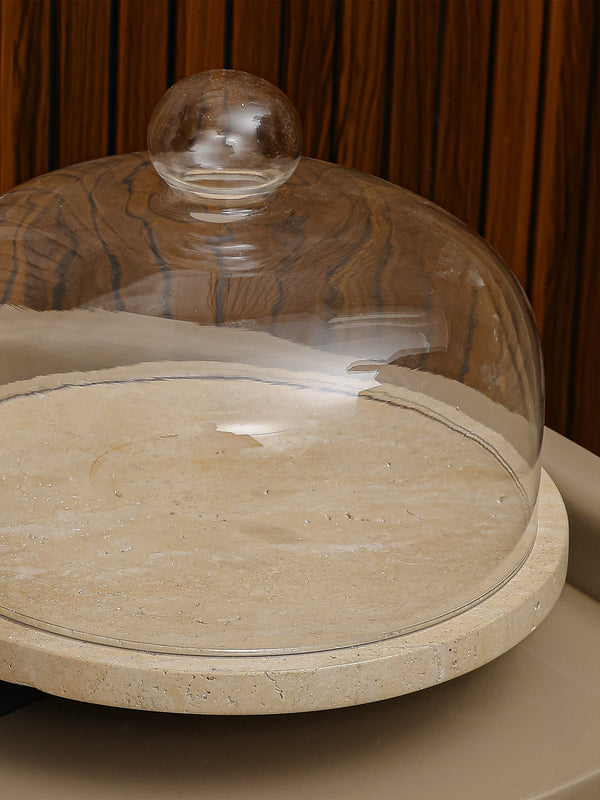 Marble-Cake And Dessert Stand With Lid - Black & Beige Large
