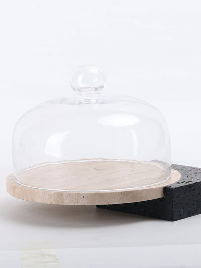 Marble-Cake And Dessert Stand With Lid - Black & Beige Large