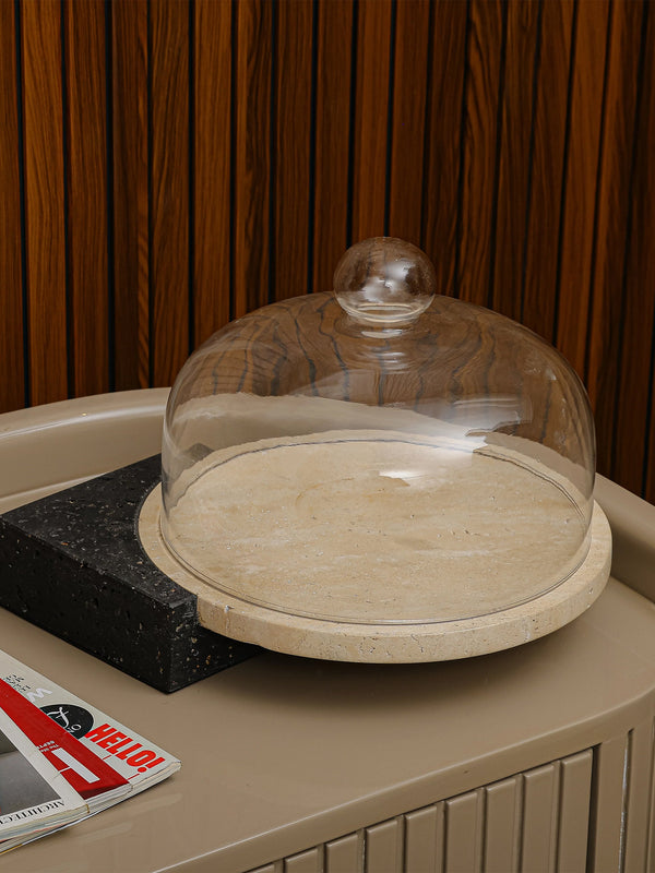 Marble-Cake And Dessert Stand With Lid - Black & Beige Large