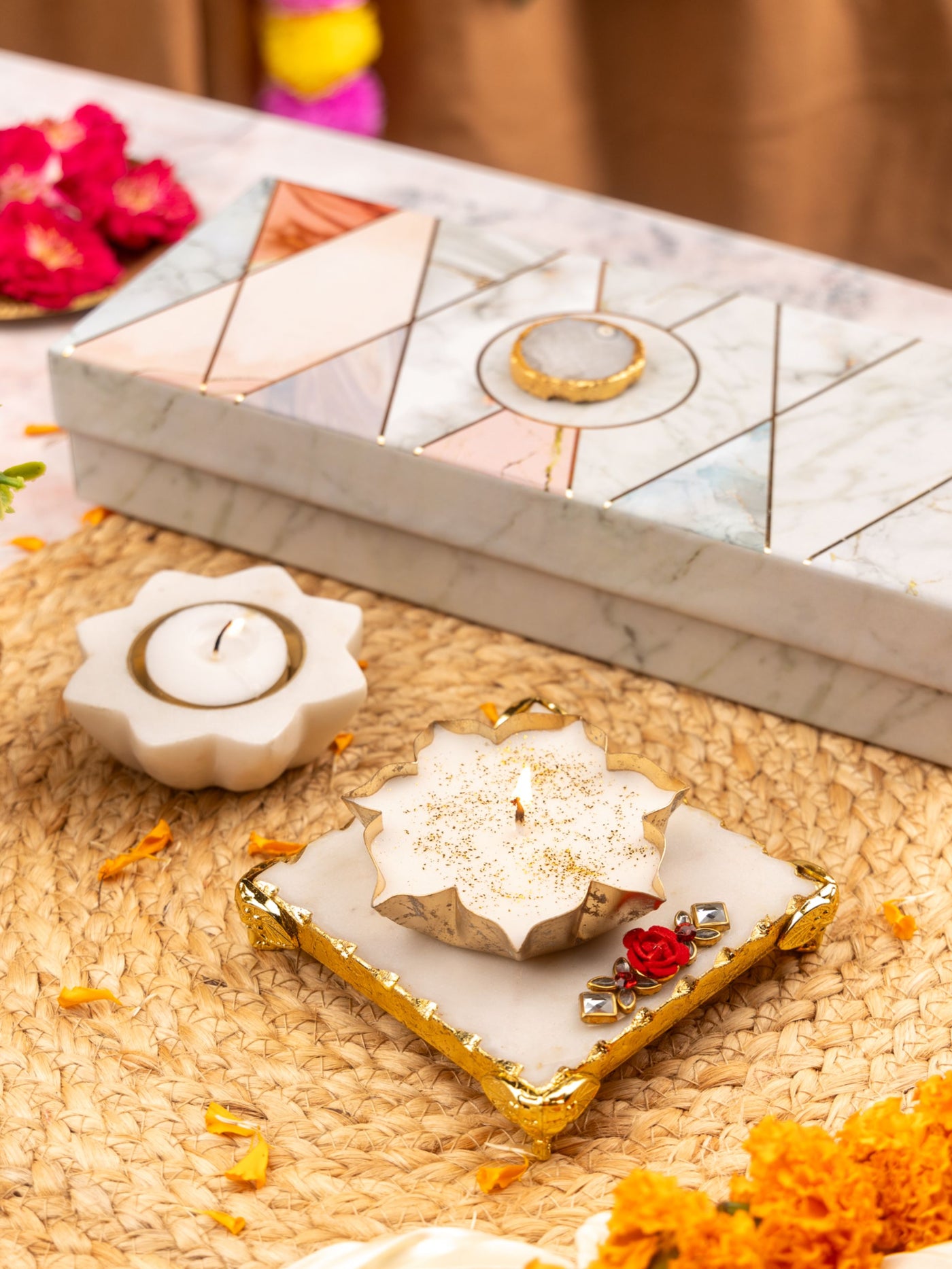 Marble Chowki With Brass Diya And Metal Votive Candle