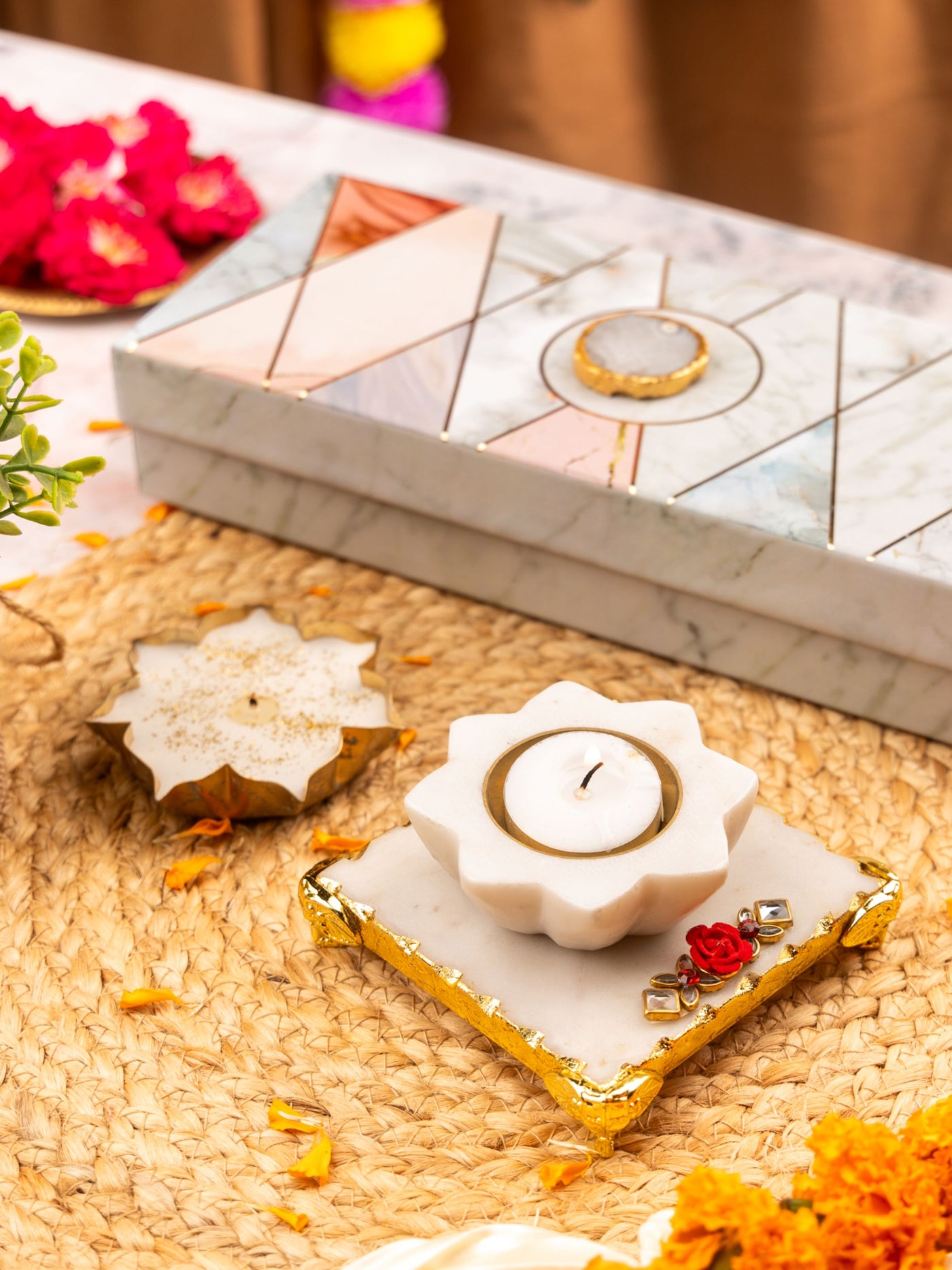 Marble Chowki With Brass Diya And Metal Votive Candle