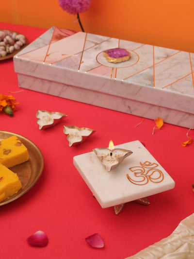 Marble Om Square Pooja Chowki With 6 Metal Votive Candle