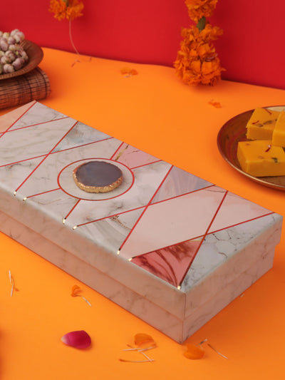 Marble Om Square Pooja Chowki With 6 Metal Votive Candle