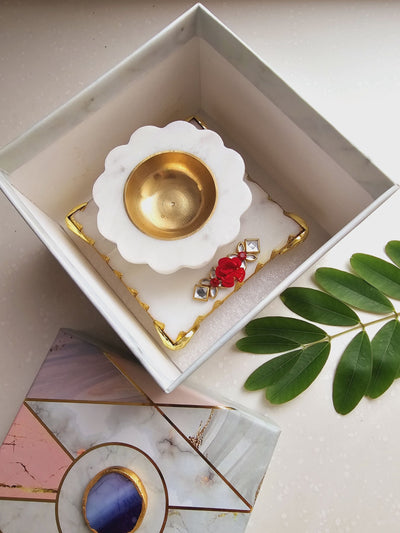 Marble Pooja Chowki & Handcarved Flower White Marble Diya & Brass Bowl holder