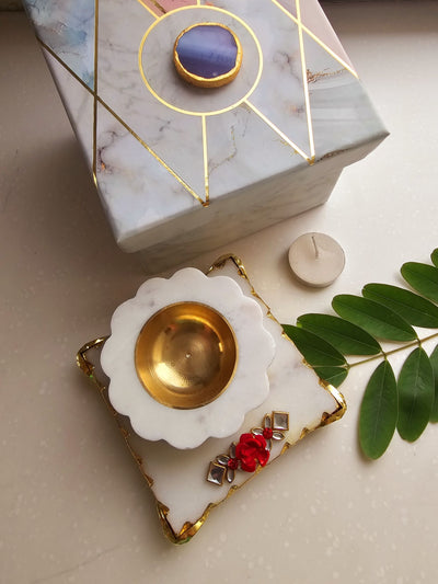 Marble Pooja Chowki & Handcarved Flower White Marble Diya & Brass Bowl holder