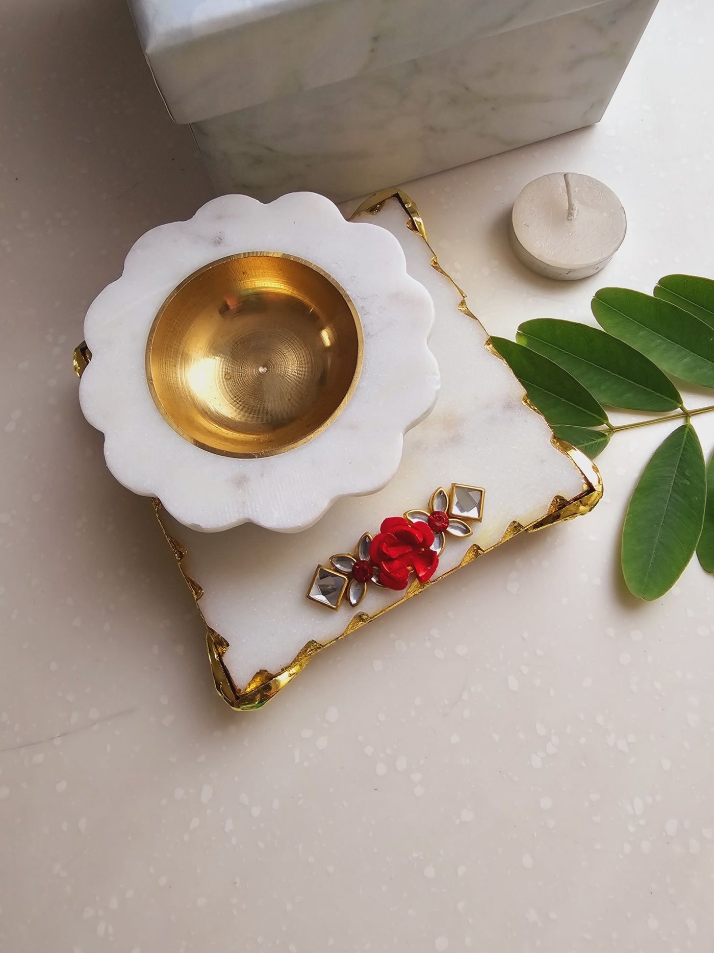 Marble Pooja Chowki & Handcarved Flower White Marble Diya & Brass Bowl holder