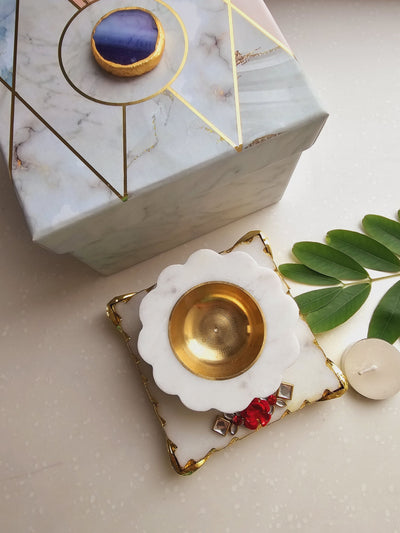 Marble Pooja Chowki & Handcarved Flower White Marble Diya & Brass Bowl holder