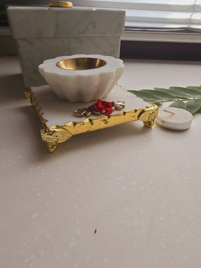 Marble Pooja Chowki & Handcarved Flower White Marble Diya & Brass Bowl holder