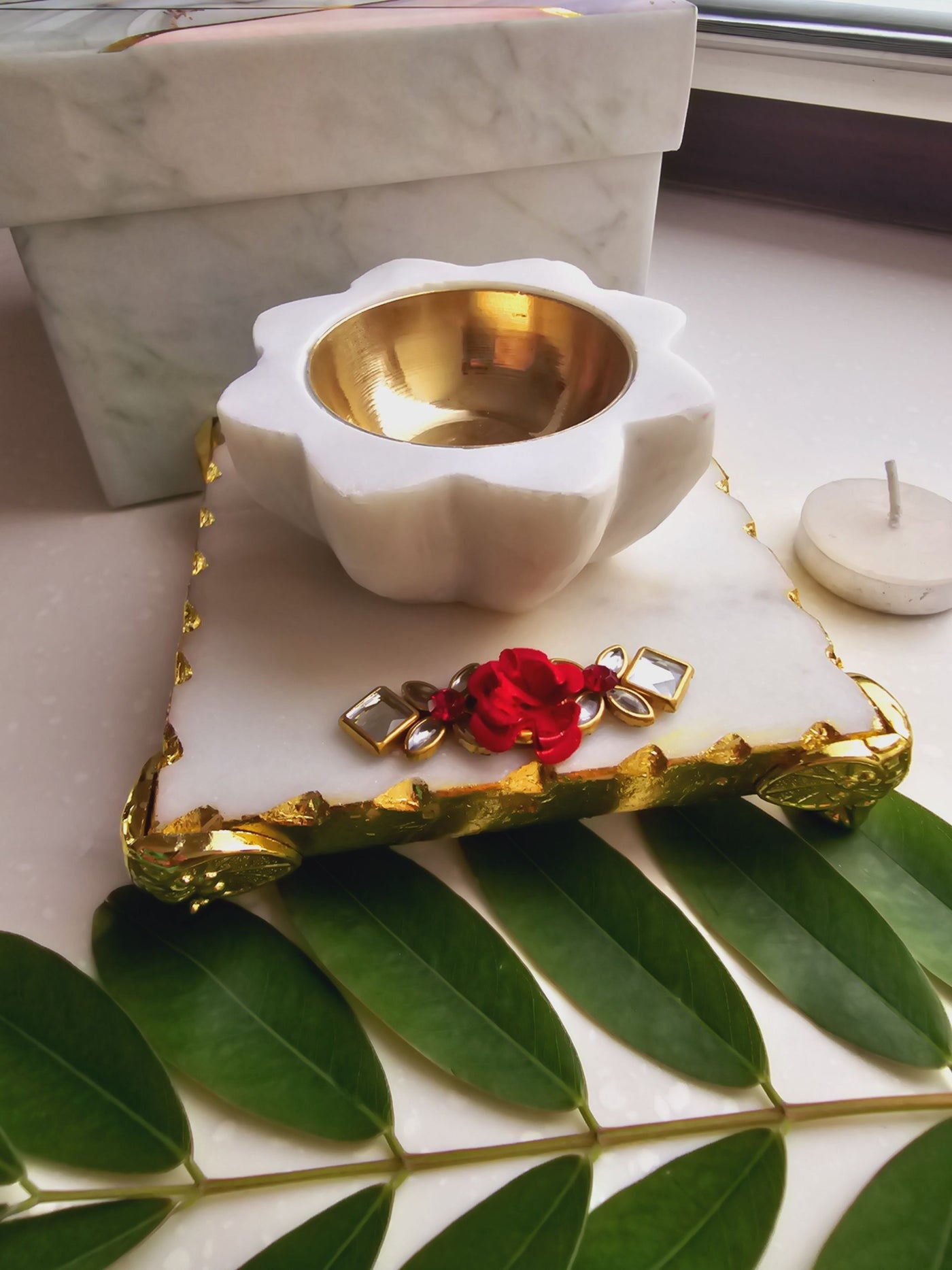 Marble Pooja Chowki & Handcarved Sunflower White Marble Diya & Brass Bowl holder