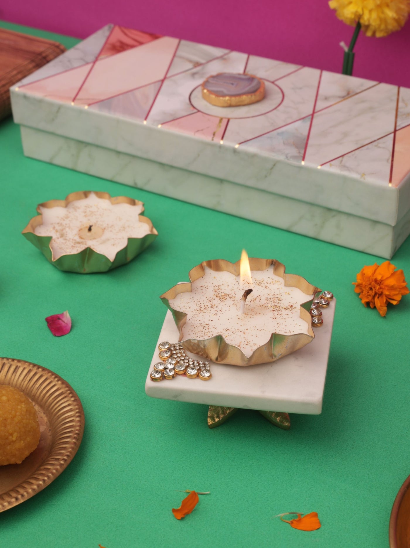 Marble Square Pooja Chowki With 2 Metal Votive Candle