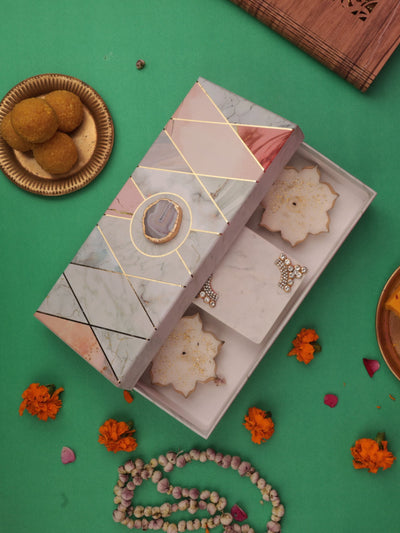 Marble Square Pooja Chowki With 2 Metal Votive Candle