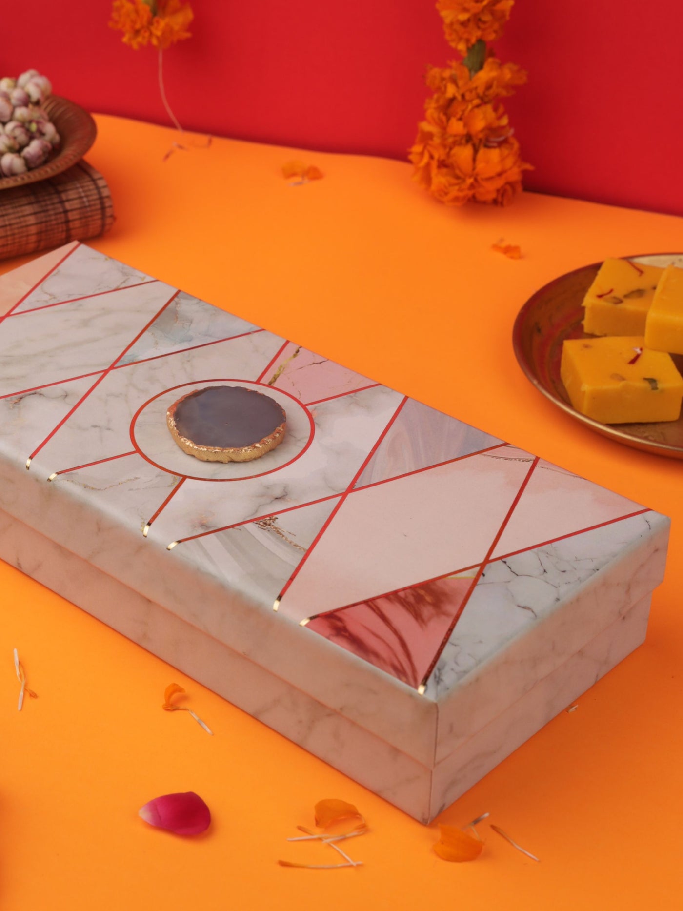 Marble Square Pooja Chowki With 2 Metal Votive Candle