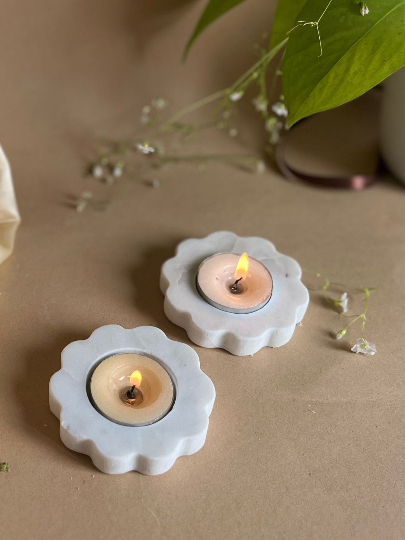Marble Tea Light Candle Holder - Floral set of 2