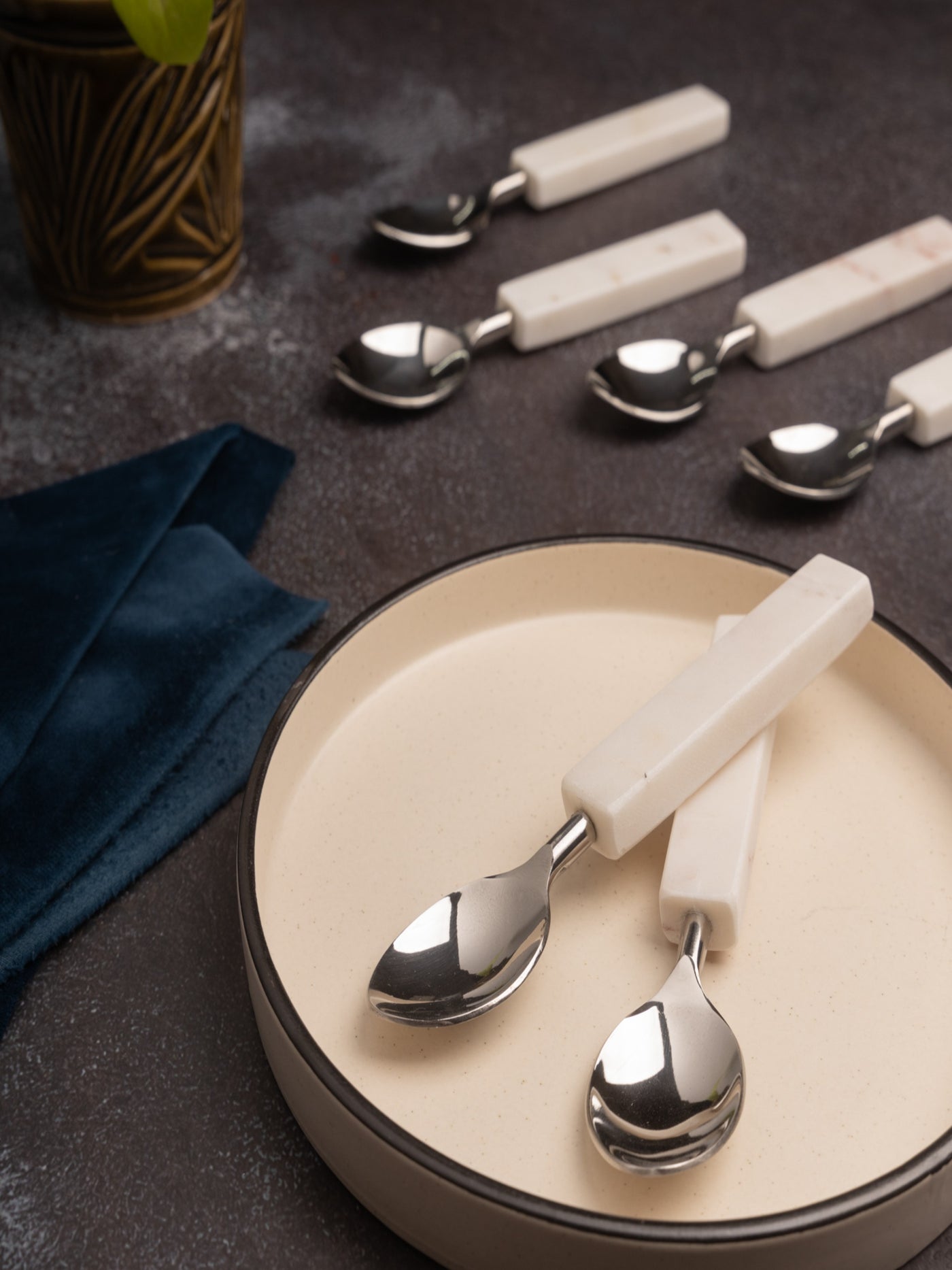 Luxury Metal Spoons with Marble Handle – Set of 6 | Elegant Stainless Steel Cutlery for Dining & Serving | Premium Flatware for Home & Kitchen