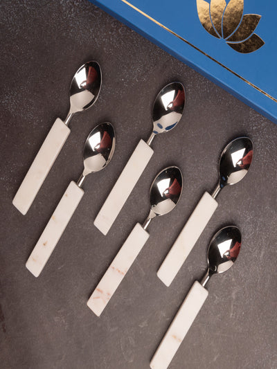 Luxury Metal Spoons with Marble Handle – Set of 6 | Elegant Stainless Steel Cutlery for Dining & Serving | Premium Flatware for Home & Kitchen