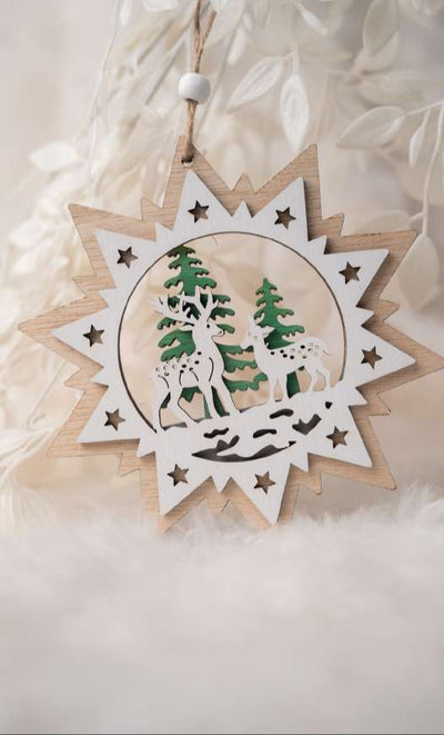 Wooden Star Hanging Ornament with Deer & Pine Trees_CC124