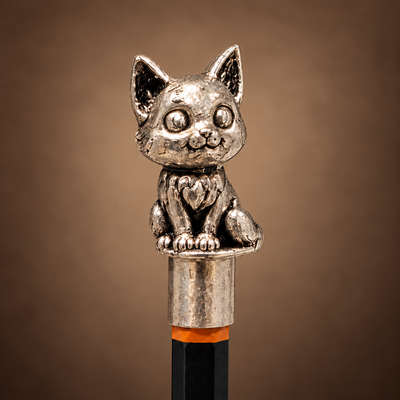 Meow kitten pencil topper showing the wide eyes, pointed ears and fur on the chest