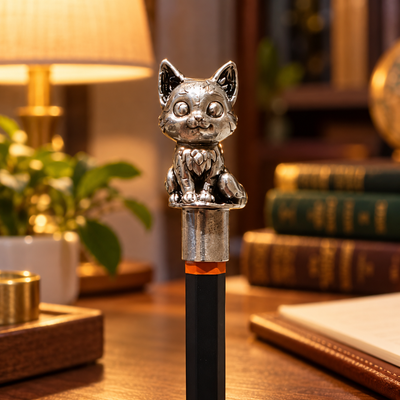 Meow kitten pencil topper on a pencil standing on a study desk
