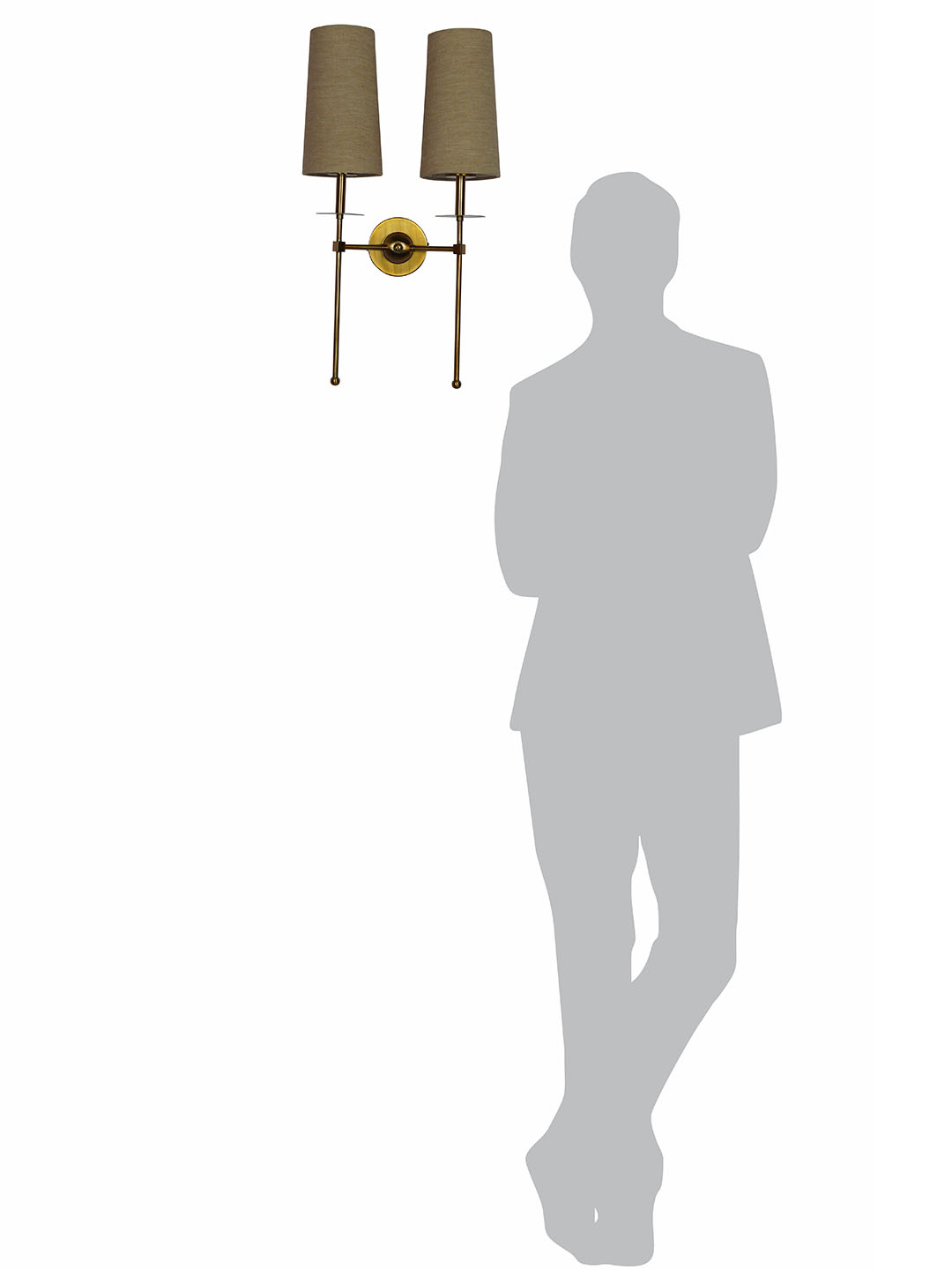 Modern Long Arms Antique Gold Double Wall Light with Beige Fabric Shades