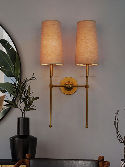 Modern Long Arms Antique Gold Double Wall Light with Beige Fabric Shades